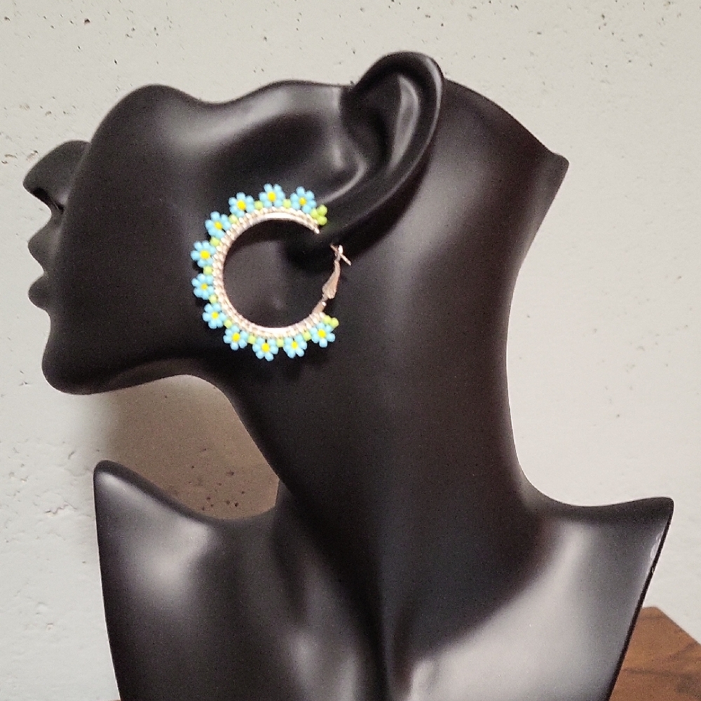 Handmade Floral beaded Earrings – Light Blue, Yellow, Green, and Silver.